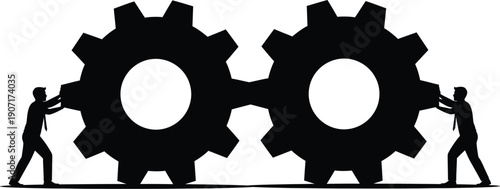 Silhouette of a man pushing a large gear against a white background