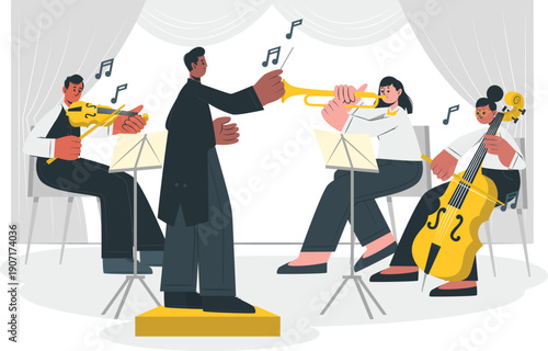 Conductor leading musicians playing brass and string instruments on stage