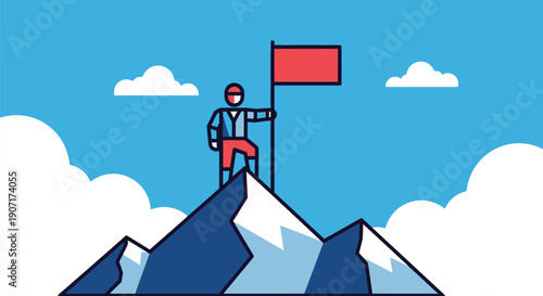 Minimalist illustration of a person standing on a mountain peak