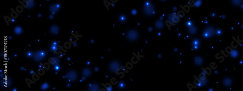 Blue glowing particles float upward over a dark background with a subtle light horizon below, creating a calm abstract scene with depth, mystery, and futuristic atmosphere.
