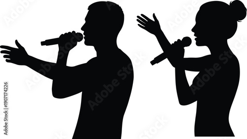Silhouette of male and female singers holding microphones, musical performance icons, man and woman vocalists singing isolated on white background