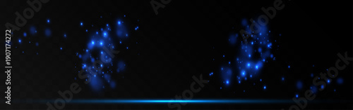 Blue glowing particles float upward over a dark background with a subtle light horizon below, creating a calm abstract scene with depth, mystery, and futuristic atmosphere.
