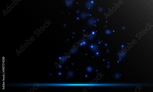 Blue glowing particles float upward over a dark background with a subtle light horizon below, creating a calm abstract scene with depth, mystery, and futuristic atmosphere.

