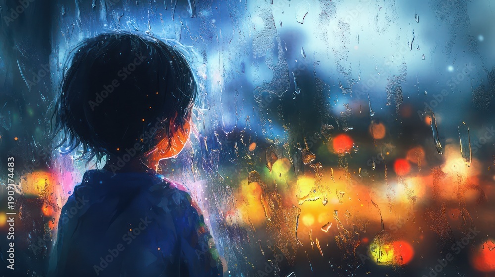 Naklejka premium Child looking out rainy window at night lights.