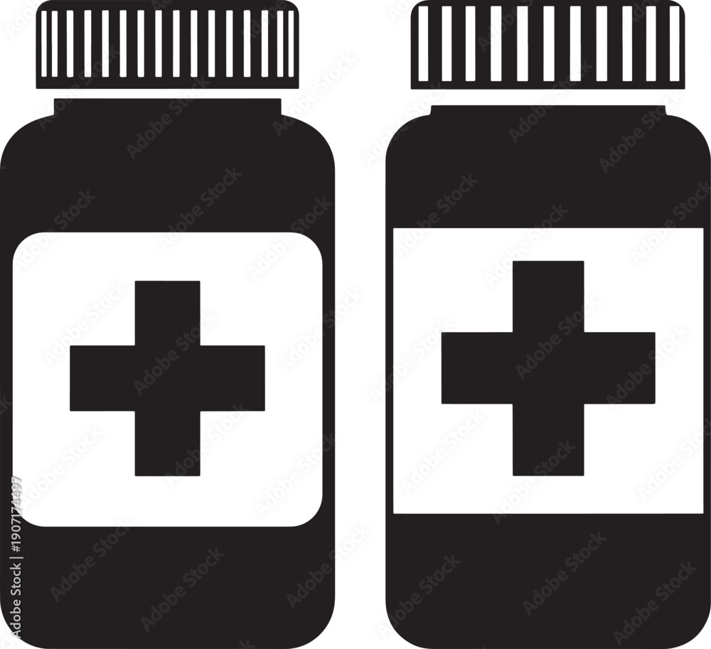 Obraz premium Two black silhouette medicine bottle with plus sign