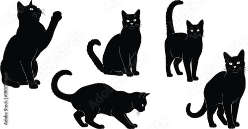 Vector set of black cat silhouettes in various poses including sitting, standing, jumping, and playing isolated on a white background