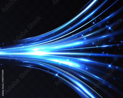 Bright blue light streams and glowing particles rush across a dark background, forming a dynamic abstract scene that conveys speed, energy, and futuristic motion.