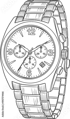 Detailed hand drawn vector line art of a luxury men's chronograph wristwatch with a metal link bracelet and date display.