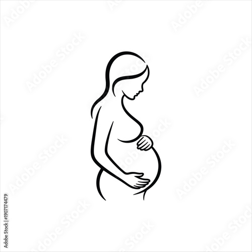 Pregnant woman line art silhouette, mother holding belly vector illustration for maternity concept.