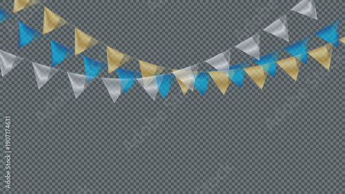 Colorful triangular bunting flags on transparent background, party decoration, festive atmosphere, celebration