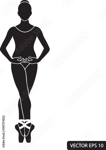 Black silhouette of a ballet dancer in pointe shoes with hands clasped black and white female woman