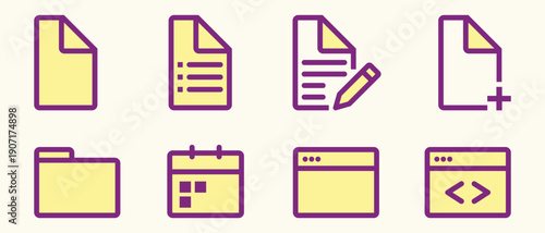 Collection of eight yellow and purple icons representing various document and file types on a white background