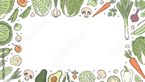 Colorful rectangular frame is composed of a dense border of various hand drawn vegetables in a detailed illustrative style.