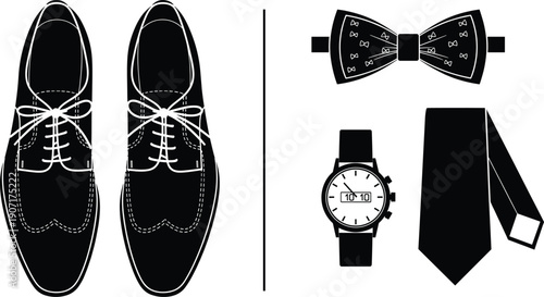 Professional Men Business Accessories Set Featuring Leather Dress Shoes Bow Tie Wrist Watch and Necktie Silhouette for Formal Fashion Design