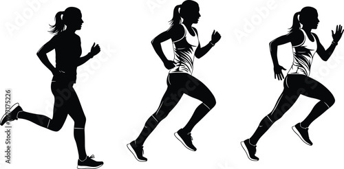 Vector set of woman running silhouettes, female athlete jogging poses, fitness marathon training, sport exercise icons isolated on white background