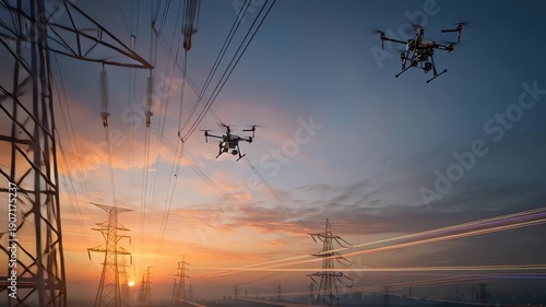 Drones flying near power lines sunset.