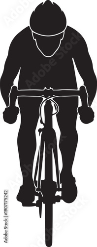 Black silhouette of a cyclist riding a bicycle from a front view cycling sport recreation des
