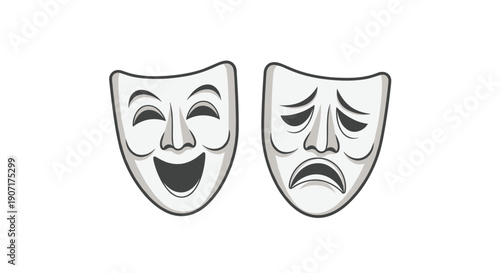 A joyful theatrical mask and a sorrowful dramatic mask are placed side by side on a plain white background.