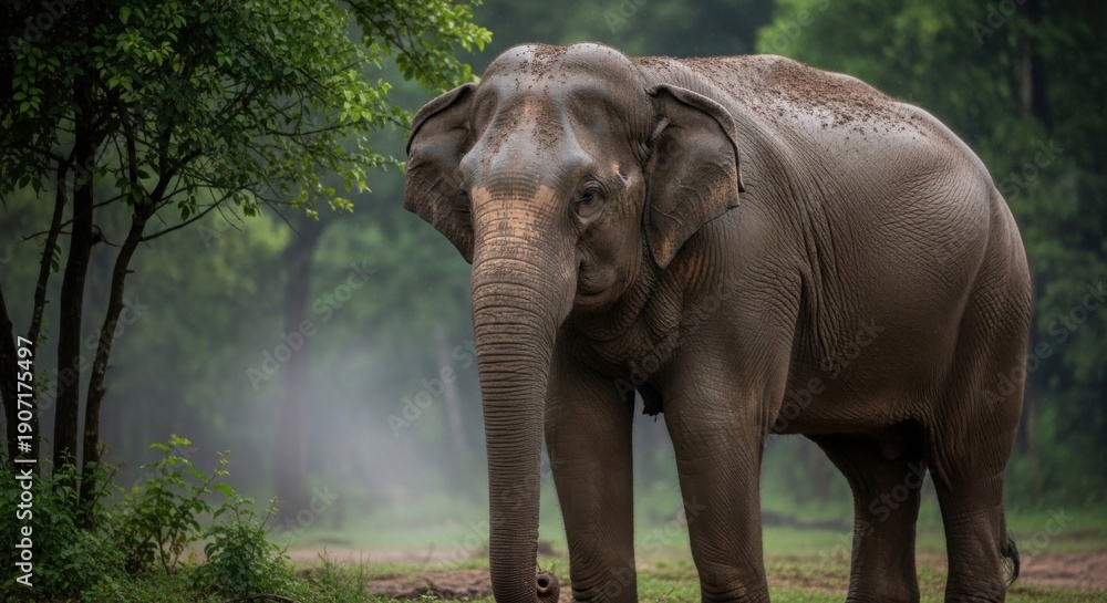 Fototapeta premium Majestic Asian Elephant Standing in Lush Green Forest with Misty Background.