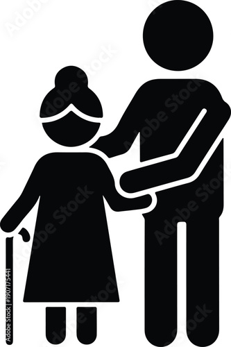 Icon of a younger person assisting an elderly woman with a cane, symbolizing care, support, and intergenerational relationships