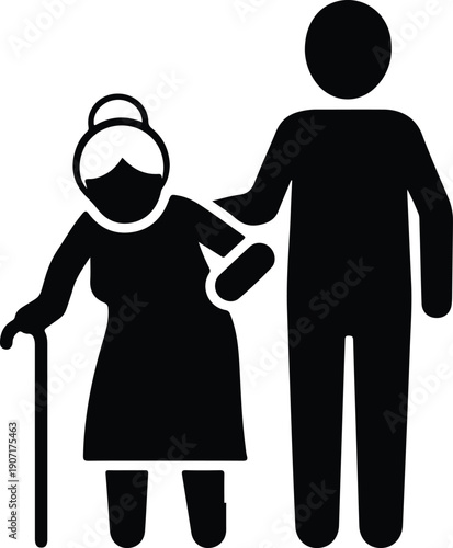 Elderly woman with walking stick being assisted by a younger person icon silhouette