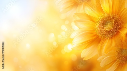 Bright yellow flower glowing in warm sunlight with soft bokeh background, symbolizing happiness, optimism, natural beauty and cheerful summer atmosphere
