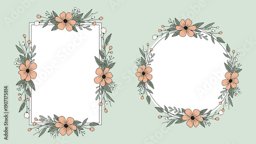 Rectangular and circular floral frames are decorated with peach colored flowers and green leaves on a soft pastel background.