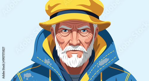 A close-up portrait of an old man with a white beard, wearing a yellow hat and a blue jacket.