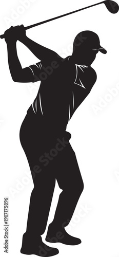 Black silhouette of a golfer swinging a club black and white sport