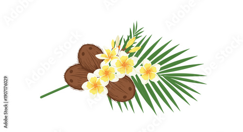 Three coconuts, tropical flowers, and a large green palm leaf are placed on a clean white background.