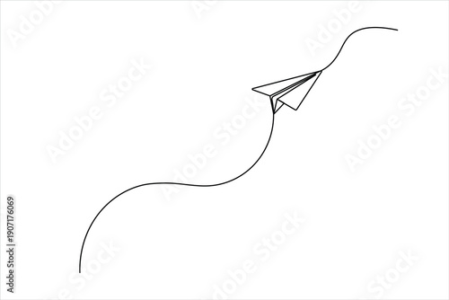 Minimalist one-line drawing of a classic paper plane in flight. Elegant single-line vector art representing freedom, travel, and creative ideas.