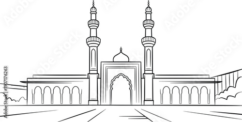 Vector illustration of the Taj Mahal in Agra India featuring iconic architecture with a dome and minarets under a bright sky representing a historic religious landmark and tourism in Asia