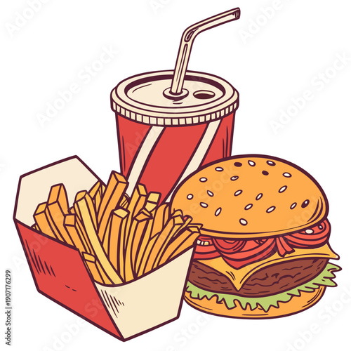 Fast food combo illustration, vector, transparent background
