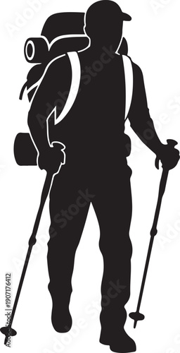 Black silhouette of a hiker with backpack and trekking poles white