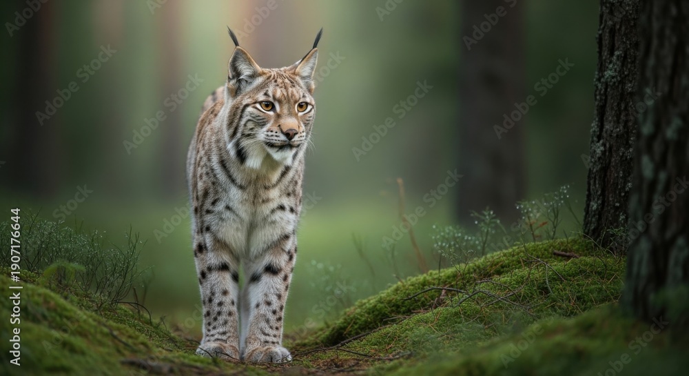 Fototapeta premium Majestic Eurasian Lynx Strolling Through a Lush Green Forest.