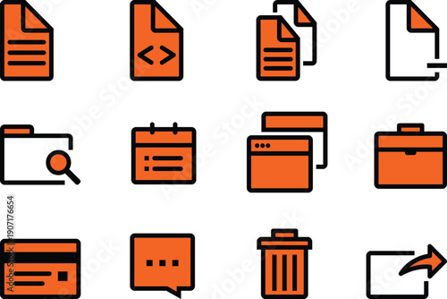 A collection of 10 orange and black file and document icons on a white background