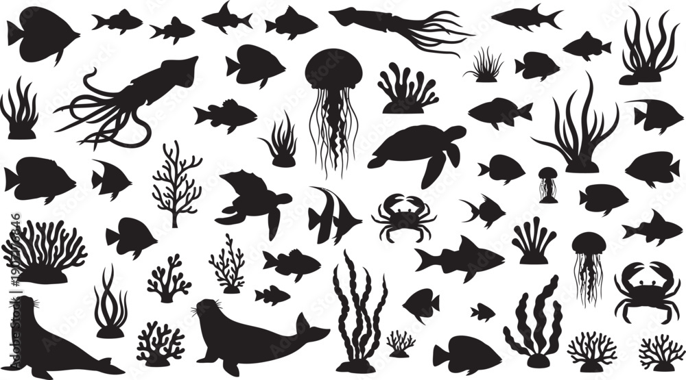Naklejka premium Black silhouettes of various sea creatures and coral reef elements isolated on transparent background