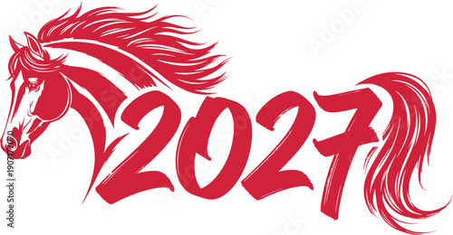 Red horse head and tail forming the year 2027 isolated on transparent background