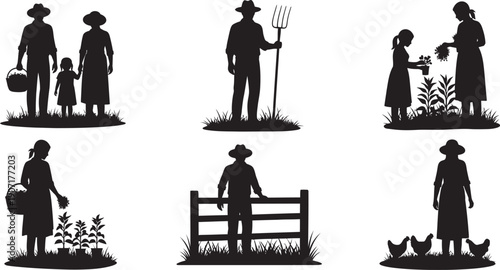 Six black silhouette illustrations of a farmer and family isolated on transparent background