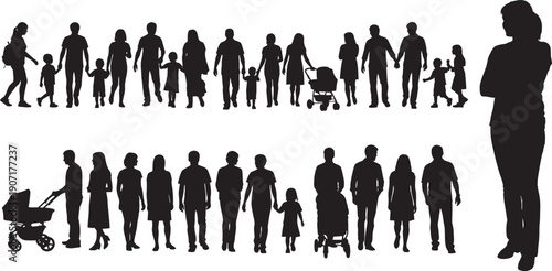Silhouette of a large group of people isolated on transparent background