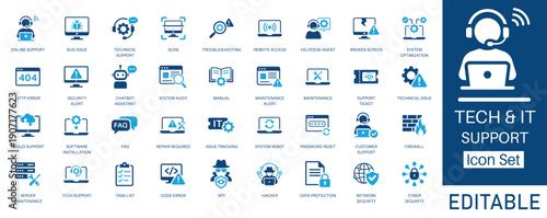Tech and IT Support solid icon set. Includes symbols for Remote Access, System Optimization, Cloud Support, and Cyber Security. Solid vector icons for helpdesk and network services.