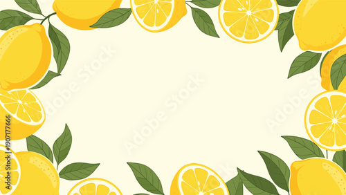 Vibrant border of whole and halved yellow lemons with lush green leaves on a soft pastel background for summer themes.