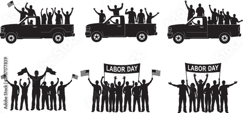 Black silhouettes of people protesting and demonstrating isolated on transparent background