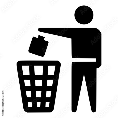 Recycling Icon: A simple yet impactful icon shows a silhouette of a person disposing of waste in a trash can, symbolizing environmental responsibility.