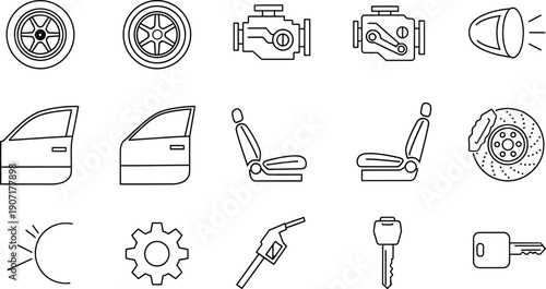 A collection of line art icons representing essential automotive parts and car elements