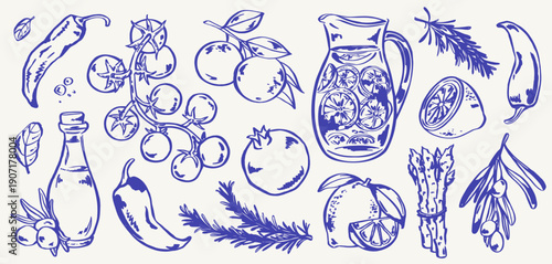 Mediterranean pantry sketch with olives, olive oil, citrus pitcher, lemons, oranges, tomatoes, chili peppers, rosemary, asparagus and pomegranate. Blue ink whimsical set for restaurant menu, cafe.