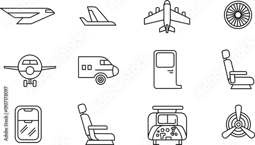 Outline icons depicting various elements and components of air travel and aviation