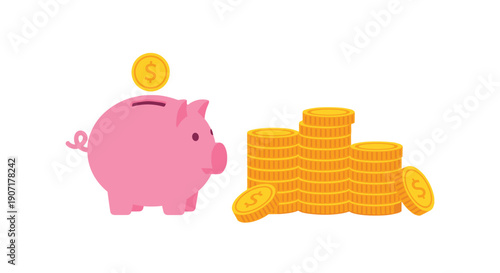 A pink piggy bank receives a gold dollar coin dropping into its slot, positioned next to multiple neatly stacked piles of shining gold coins on white.