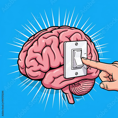 Hand pressing light switch on brain with bright blue background  