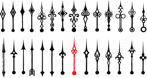 Detailed vector set featuring 28 vintage clock hands in ornate gothic and classical styles for horology and design